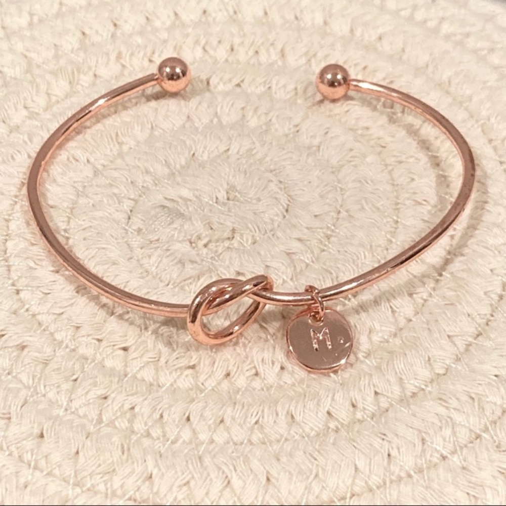 Rose Gold Love Knot Bangle Bracelet with M Initial